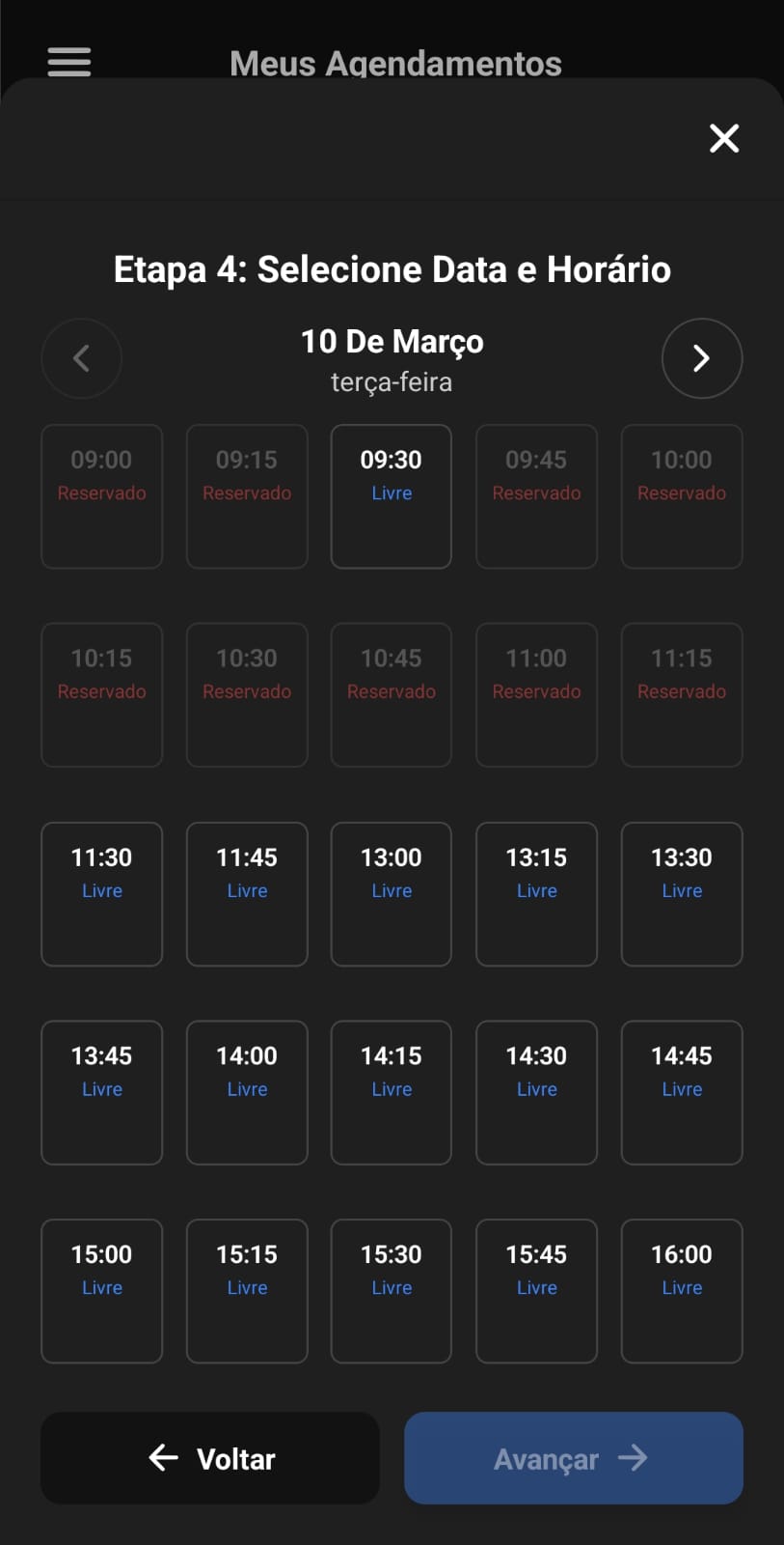 Disponibilidade de horários